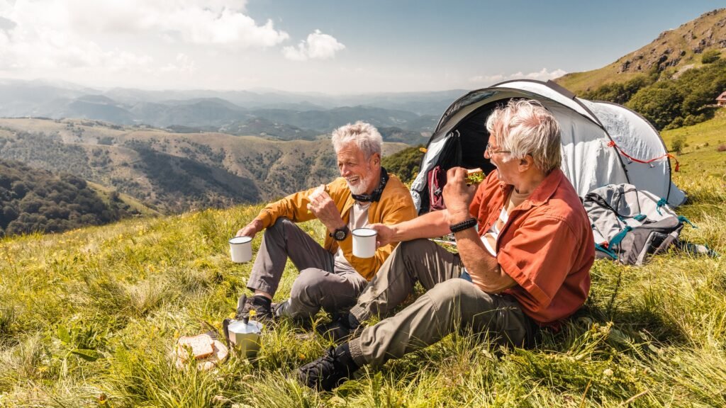 Friends out camping in the mountains